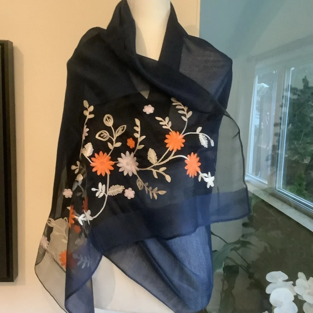 New Thai Silk Floral Embroidered Sheer Scarf